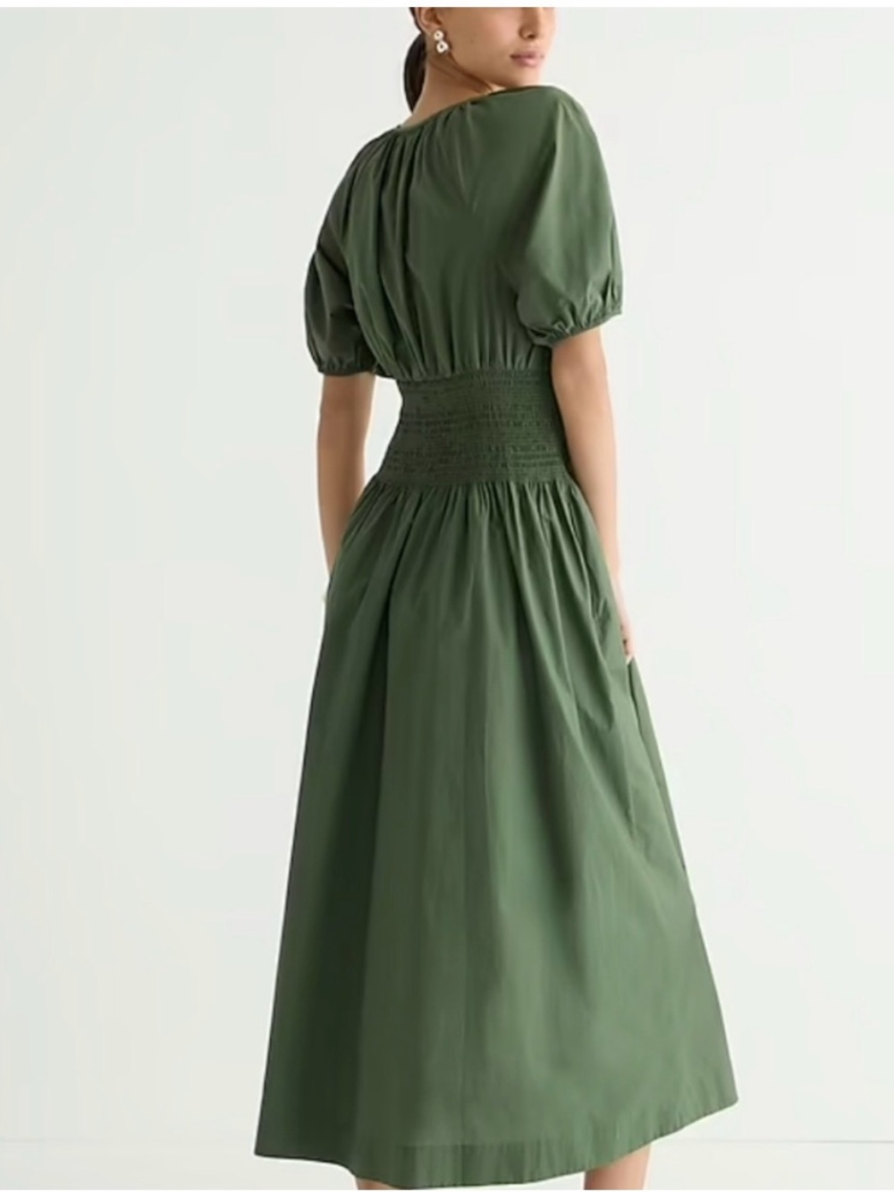 J. Crew Olive Green Midi Dress with Smocked Waist Size Medium - Picture 3 of 11
